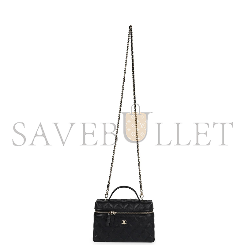 Ch*el cc top handle long vanity case with chain black shiny caviar light gold hardware 1109942 (19.5*17*5cm)